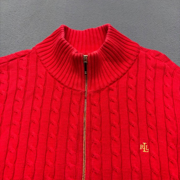 Lauren Ralph Lauren Women's Cable Knit Full Zip Mock Neck Sweater 2X Red Holiday - Picture 6 of 13